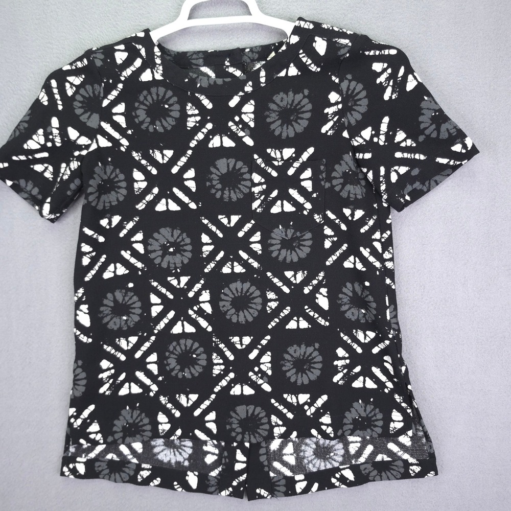 Madewell Top Shibori Geometric Print Black White XXS Polyester Short Sleeve